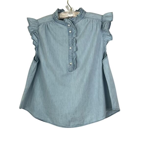 H&M Blouse Women's Size XL Ruffle-Trimmed Denim Sleeveless Shirt Mock Neck - Picture 1 of 7